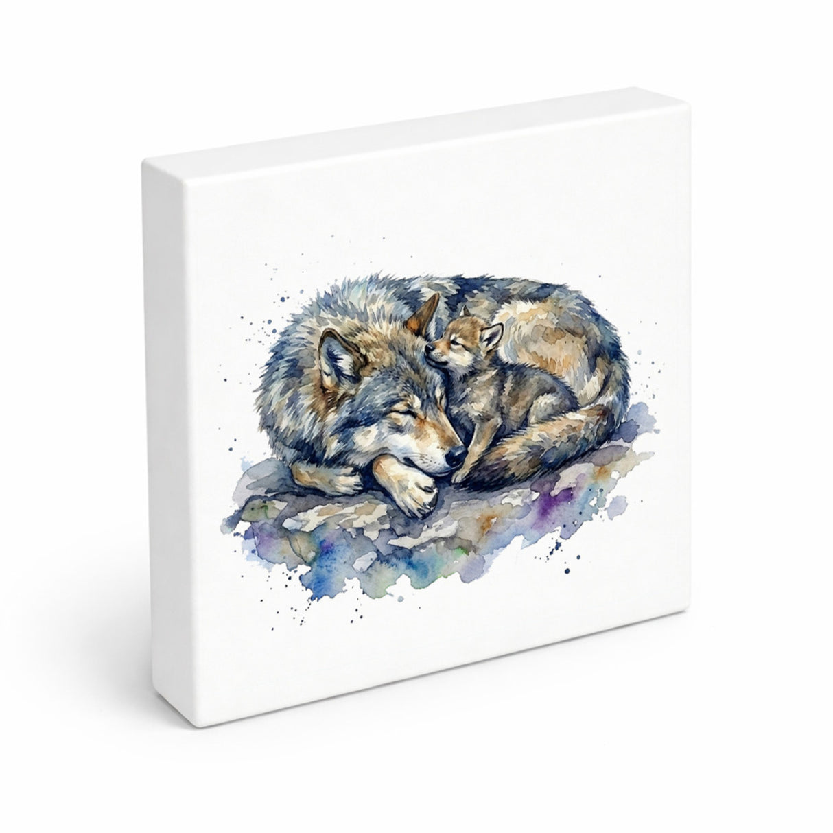 Wolfsrudel Wolf mit Welpe Holzbild in 10x10 cm zum Stellen oder Aufhängen
