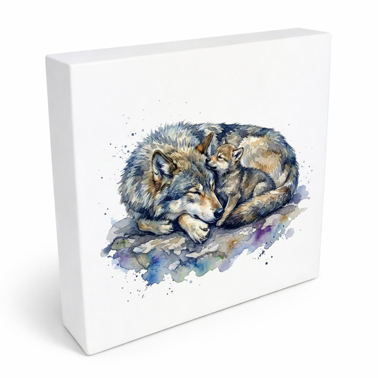 Wolfsrudel Wolf mit Welpe Holzbild in 10x10 cm zum Stellen oder Aufhängen