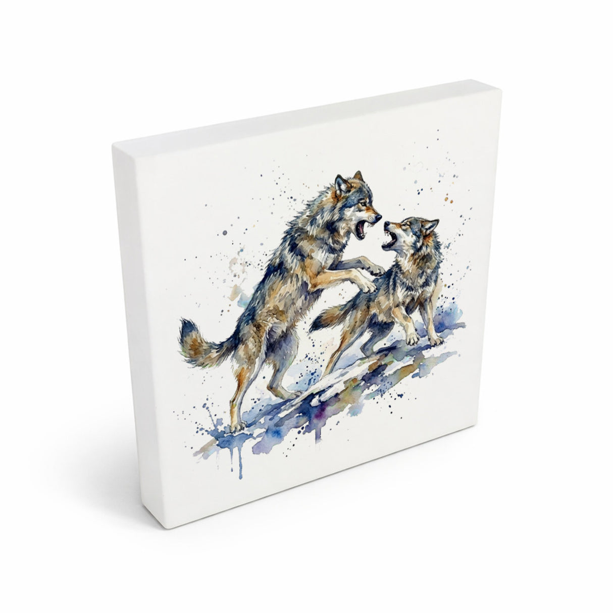 Wolfsrudel Kämpfende Wölfe Holzbild in 10x10 cm zum Stellen oder Aufhängen