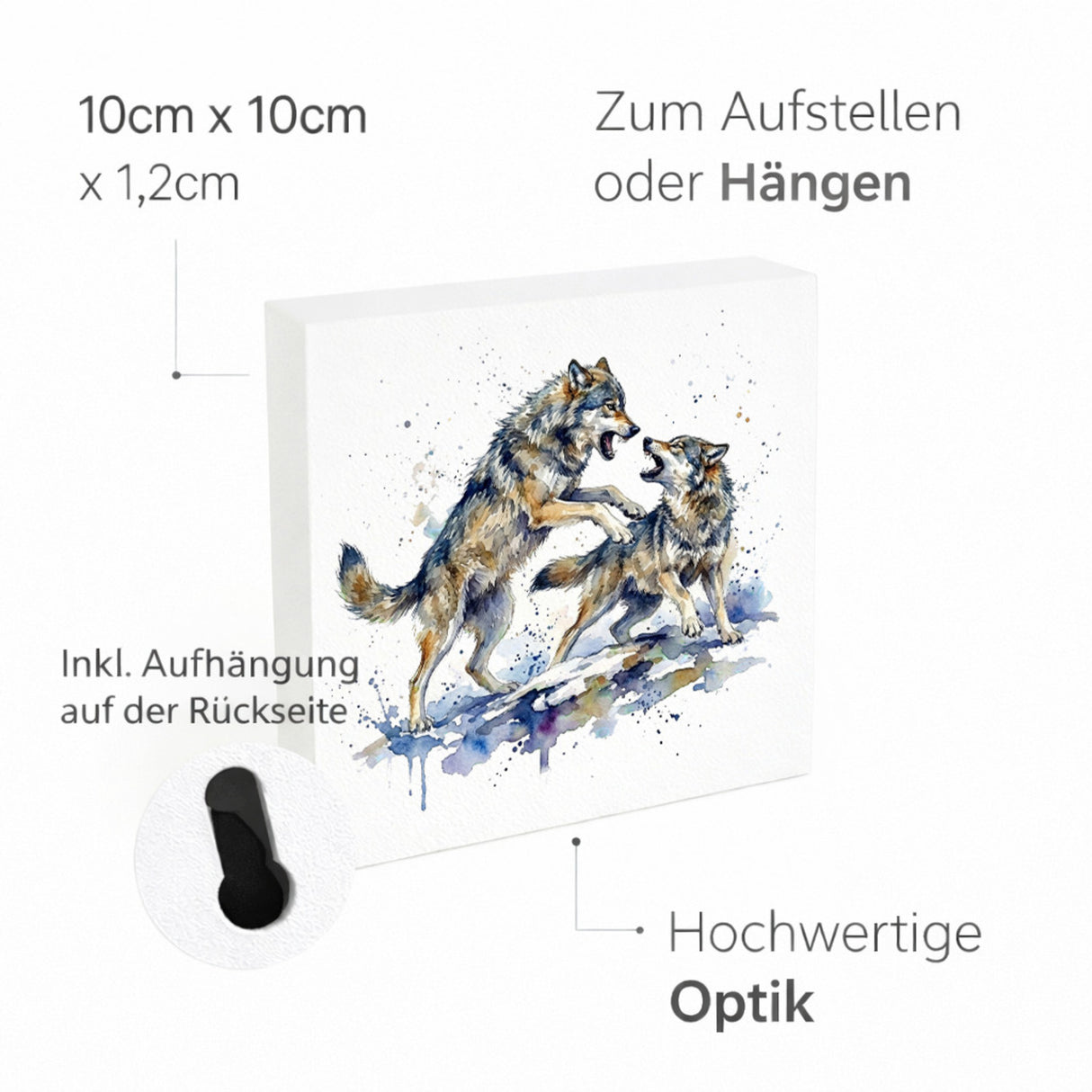 Wolfsrudel Kämpfende Wölfe Holzbild in 10x10 cm zum Stellen oder Aufhängen