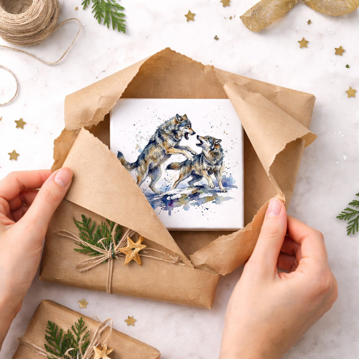 Wolfsrudel Kämpfende Wölfe Holzbild in 10x10 cm zum Stellen oder Aufhängen