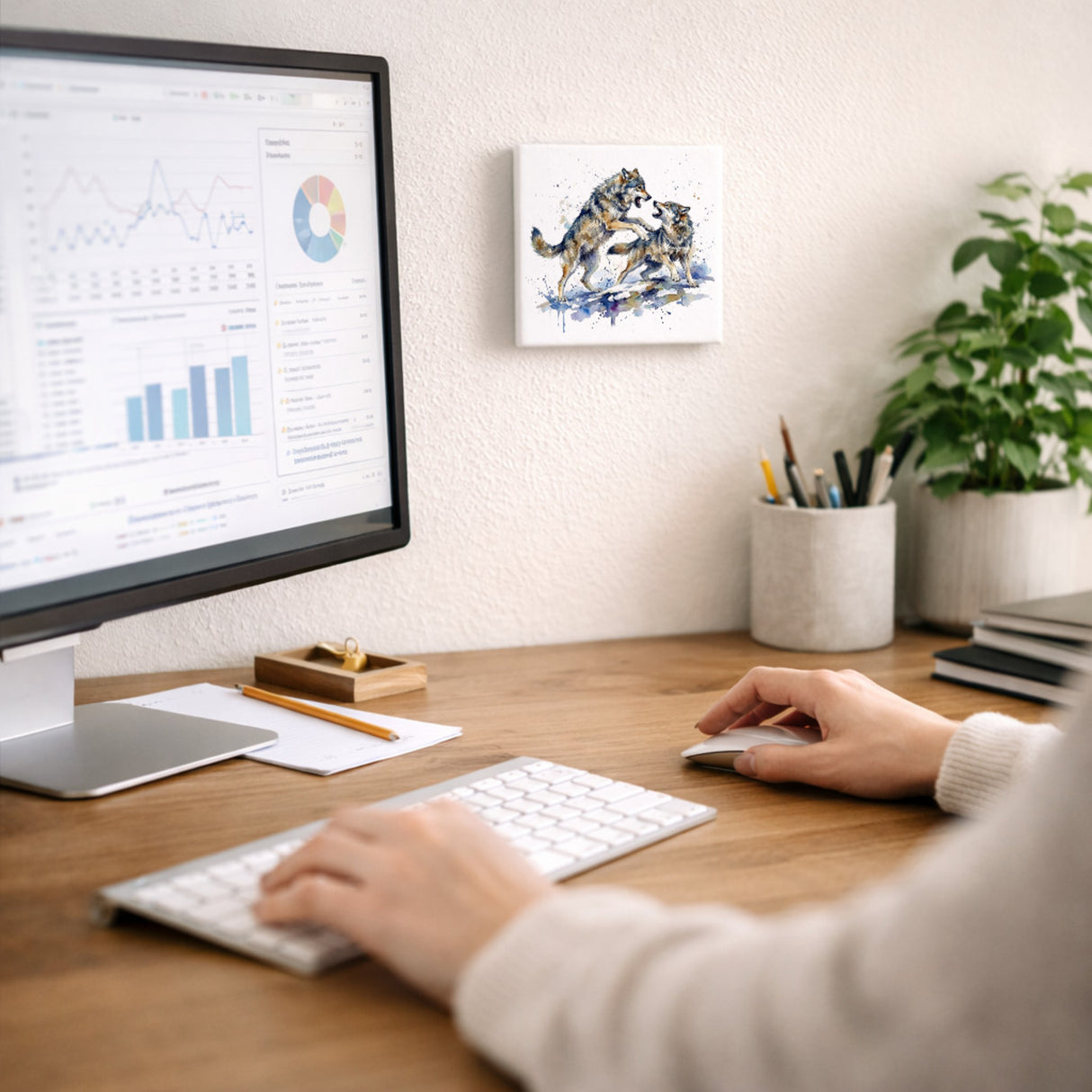 Wolfsrudel Kämpfende Wölfe Holzbild in 10x10 cm zum Stellen oder Aufhängen