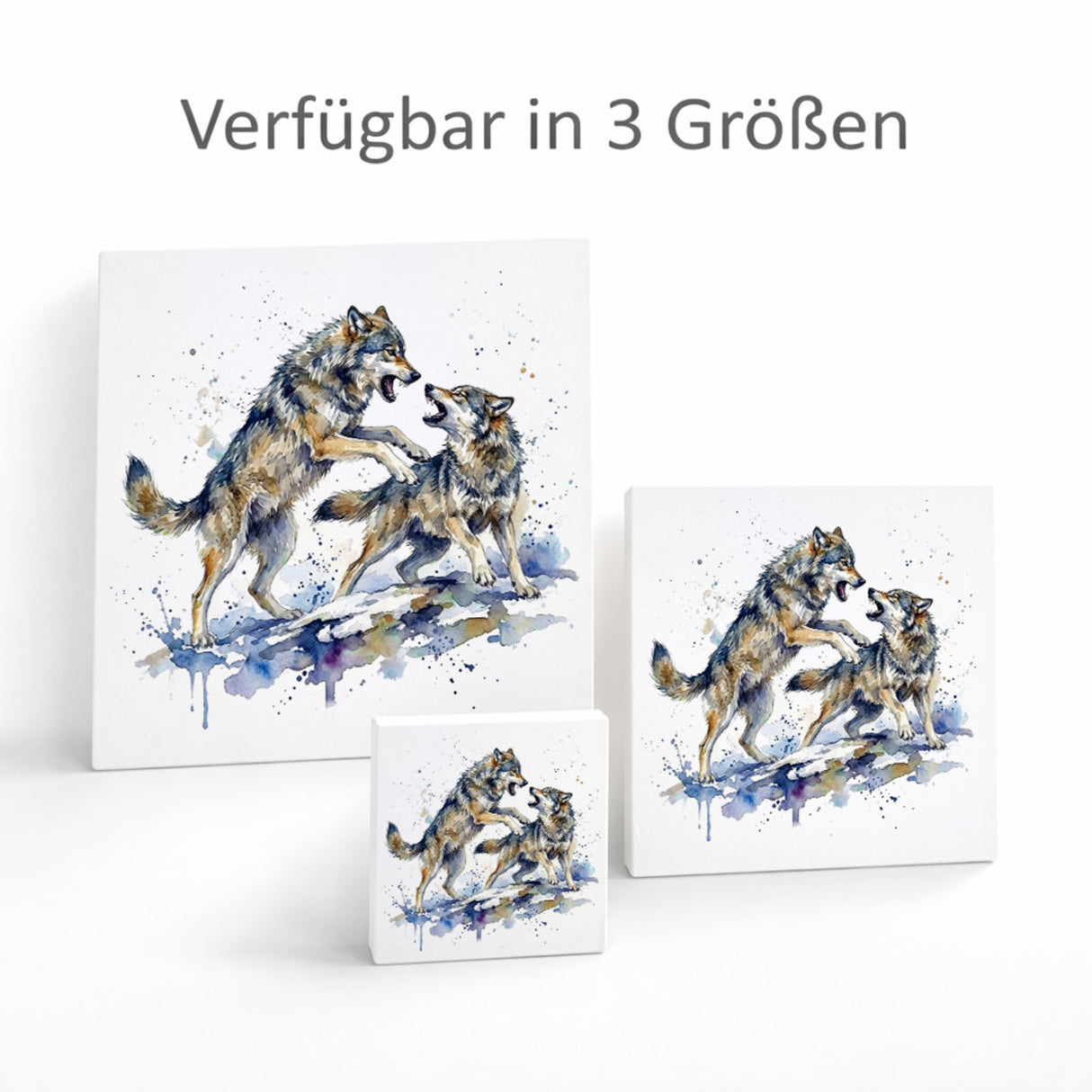 Wolfsrudel Kämpfende Wölfe Holzbild in 10x10 cm zum Stellen oder Aufhängen