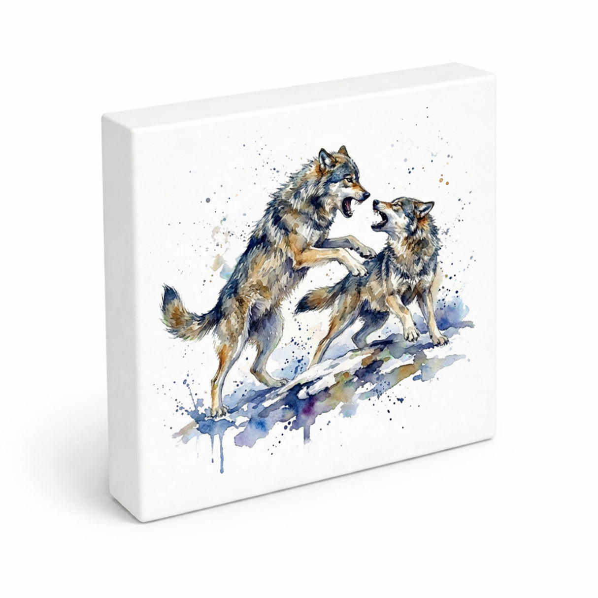 Wolfsrudel Kämpfende Wölfe Holzbild in 10x10 cm zum Stellen oder Aufhängen