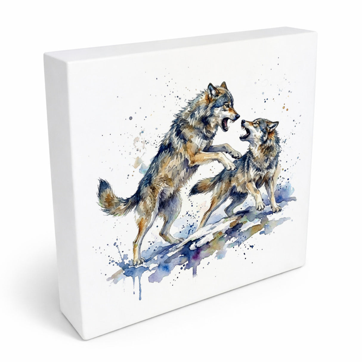 Wolfsrudel Kämpfende Wölfe Holzbild in 10x10 cm zum Stellen oder Aufhängen