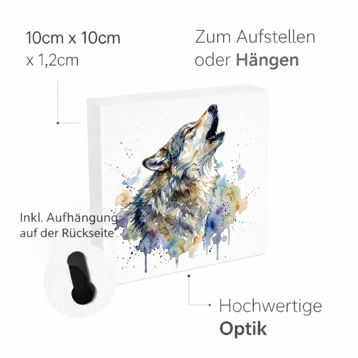 Wolfsrudel Heulender Wolf Holzbild in 10x10 cm zum Stellen oder Aufhängen