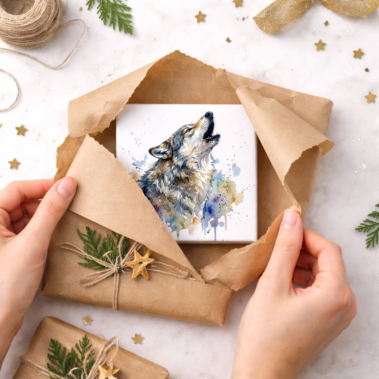 Wolfsrudel Heulender Wolf Holzbild in 10x10 cm zum Stellen oder Aufhängen