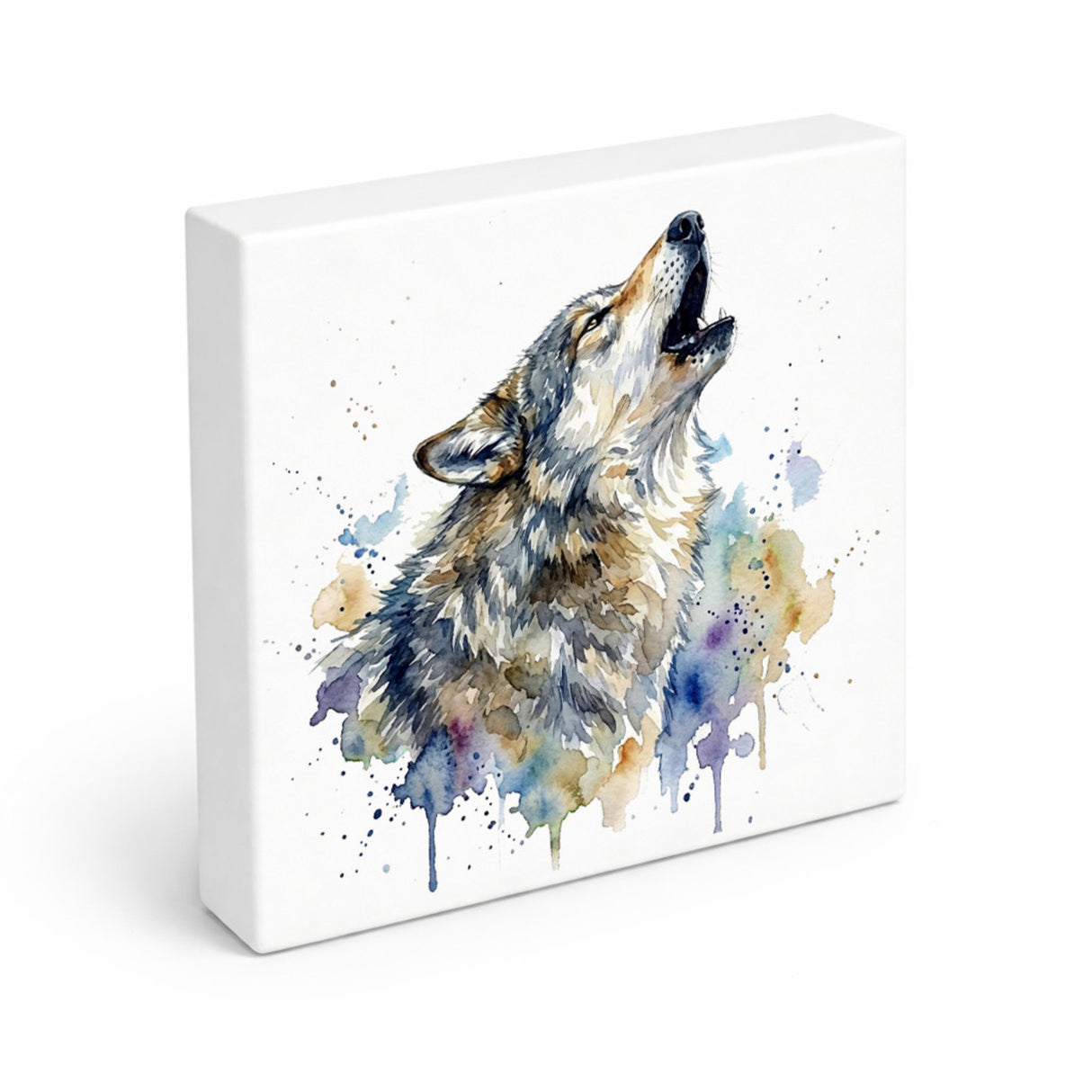 Wolfsrudel Heulender Wolf Holzbild in 10x10 cm zum Stellen oder Aufhängen