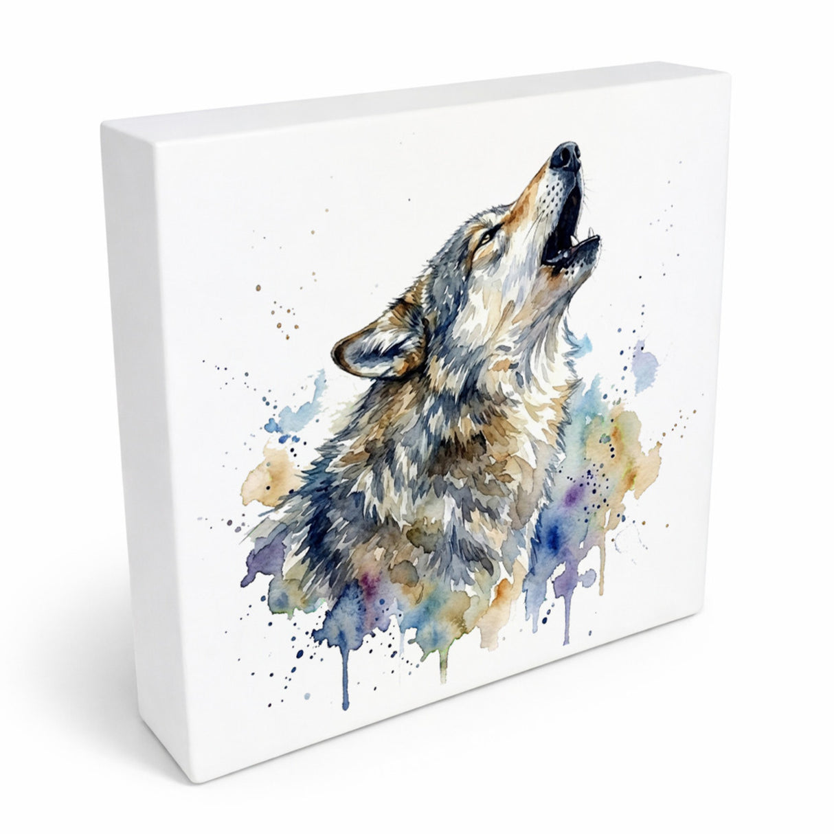 Wolfsrudel Heulender Wolf Holzbild in 10x10 cm zum Stellen oder Aufhängen