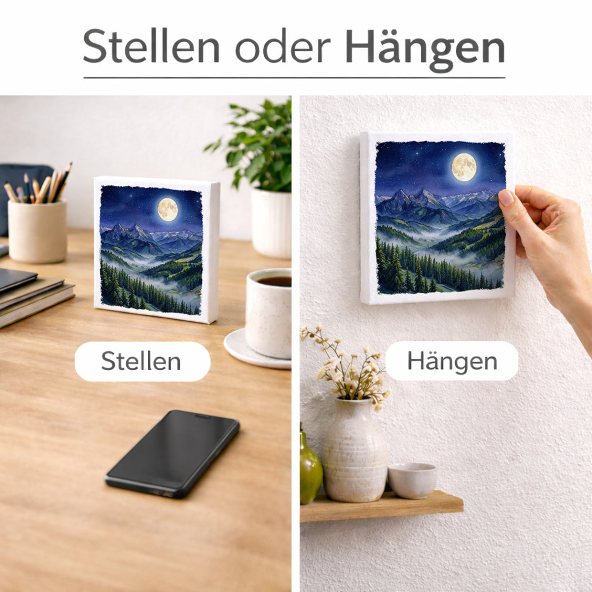 Bergidylle Berglandschaft bei Nacht Holzbild in 10x10 cm zum Stellen oder Aufhängen