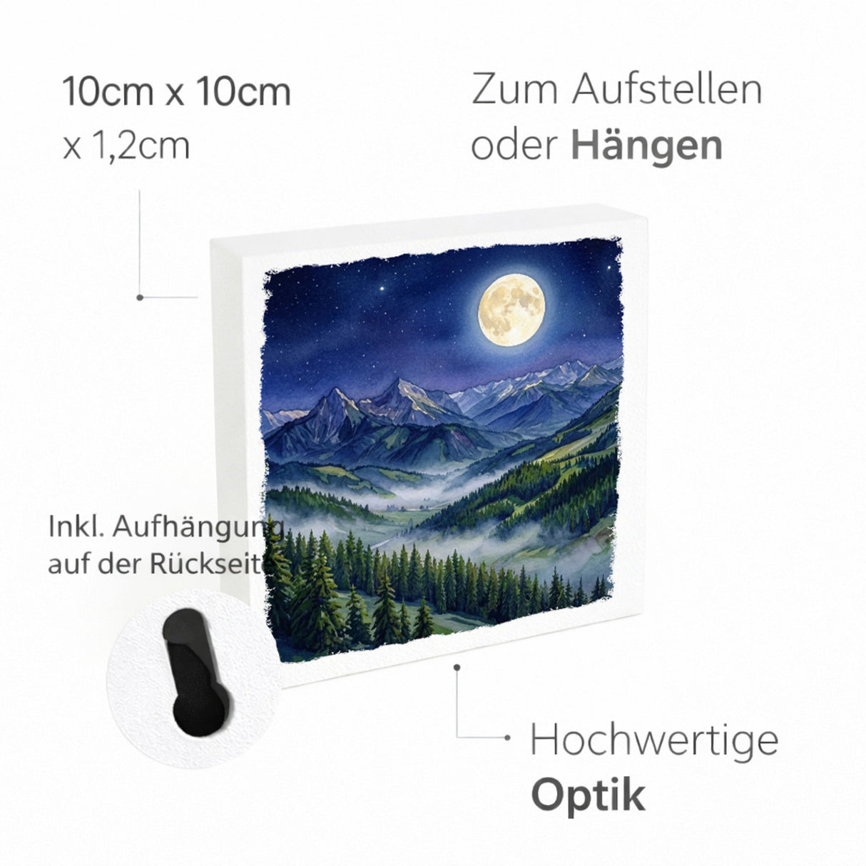 Bergidylle Berglandschaft bei Nacht Holzbild in 10x10 cm zum Stellen oder Aufhängen