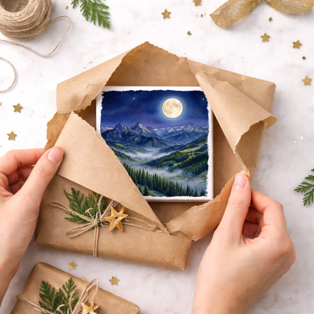 Bergidylle Berglandschaft bei Nacht Holzbild in 10x10 cm zum Stellen oder Aufhängen