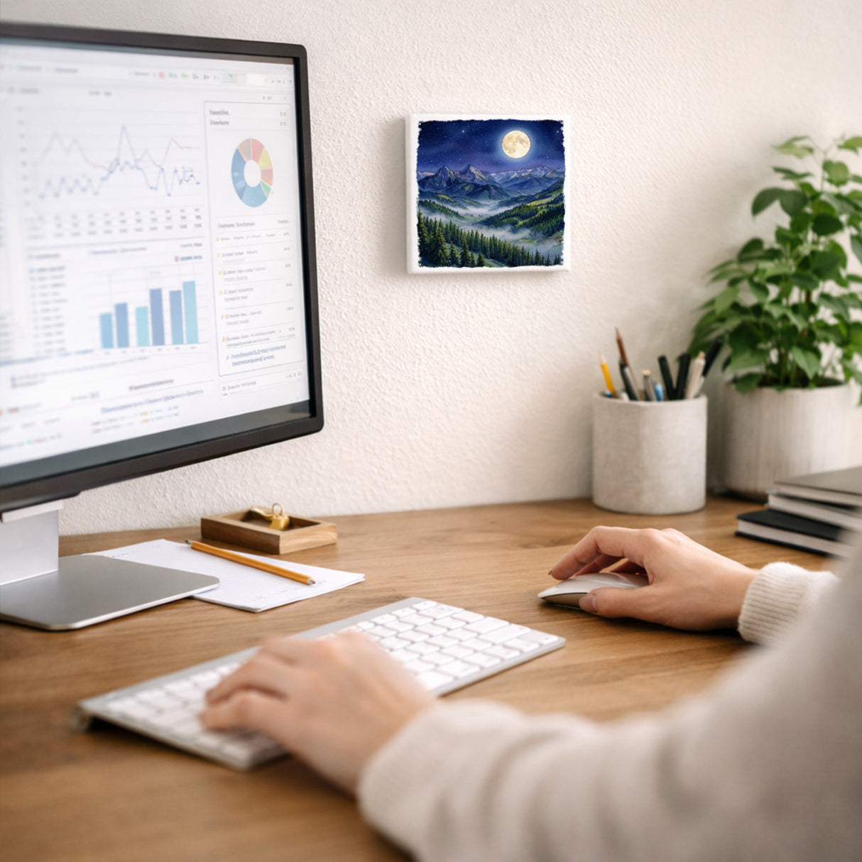 Bergidylle Berglandschaft bei Nacht Holzbild in 10x10 cm zum Stellen oder Aufhängen