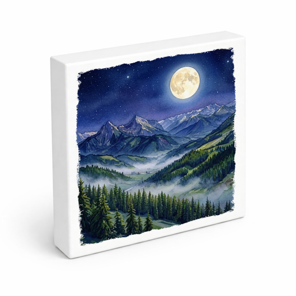 Bergidylle Berglandschaft bei Nacht Holzbild in 10x10 cm zum Stellen oder Aufhängen