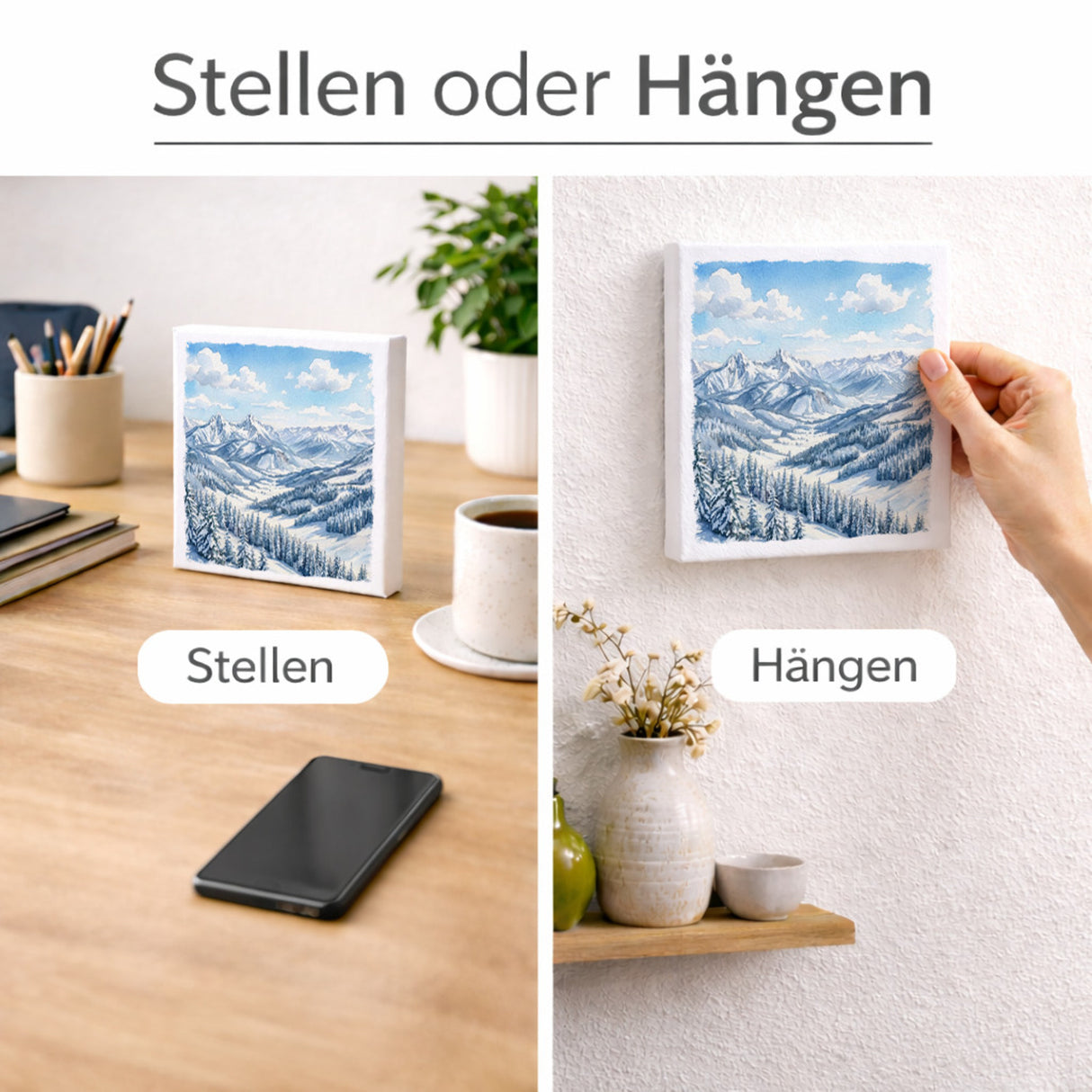 Bergidylle Berglandschaft im Winter Holzbild in 10x10 cm zum Stellen oder Aufhängen