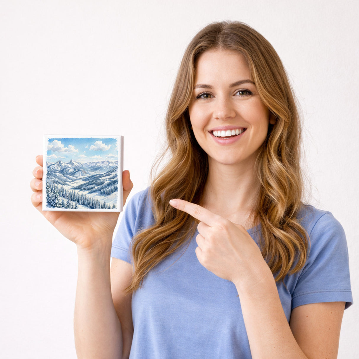 Bergidylle Berglandschaft im Winter Holzbild in 10x10 cm zum Stellen oder Aufhängen