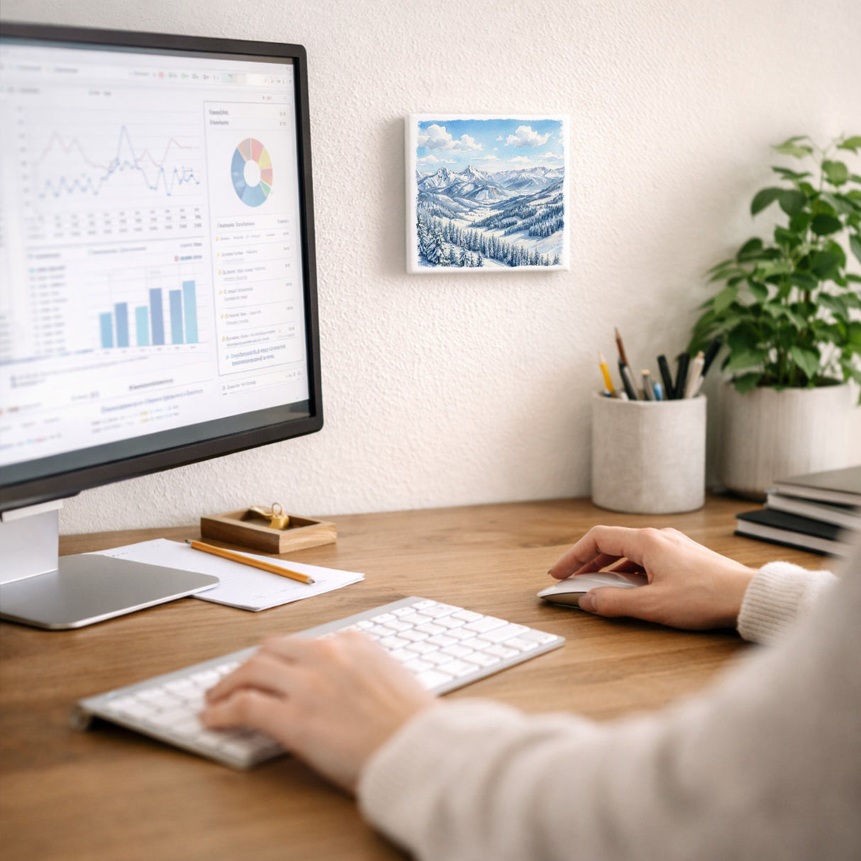 Bergidylle Berglandschaft im Winter Holzbild in 10x10 cm zum Stellen oder Aufhängen