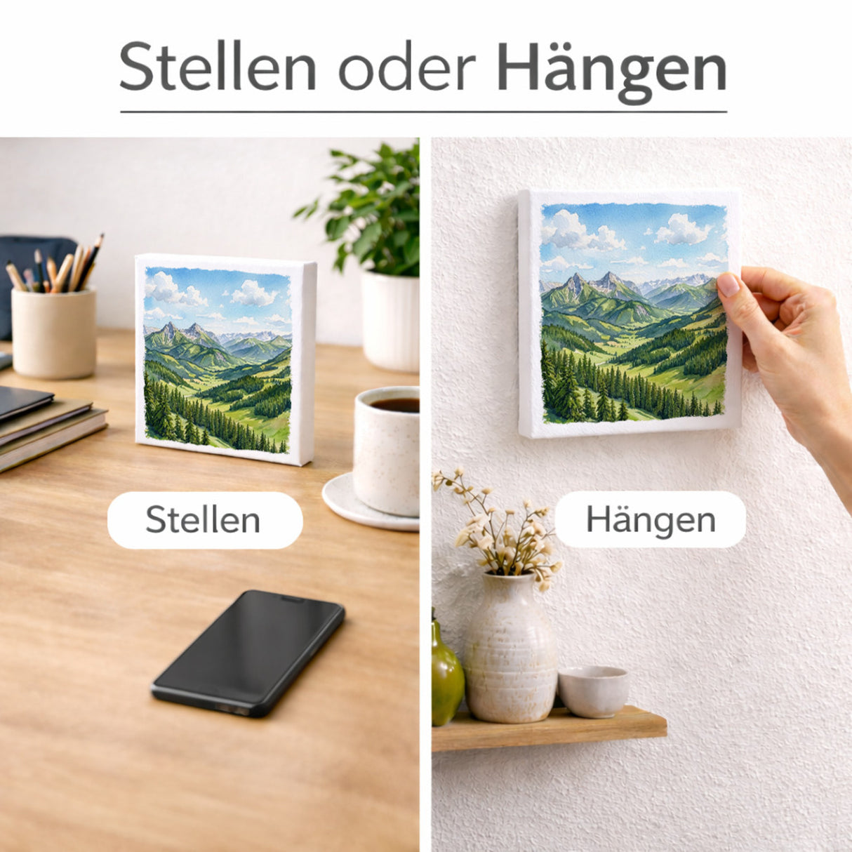 Bergidylle Berglandschaft bei Tag Holzbild in 10x10 cm zum Stellen oder Aufhängen