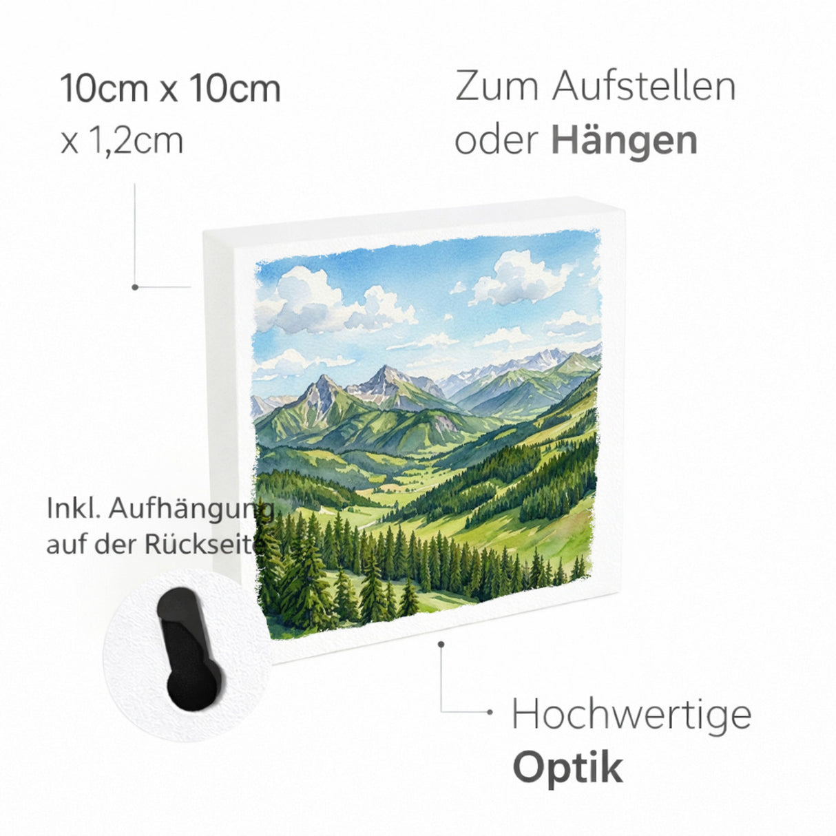 Bergidylle Berglandschaft bei Tag Holzbild in 10x10 cm zum Stellen oder Aufhängen