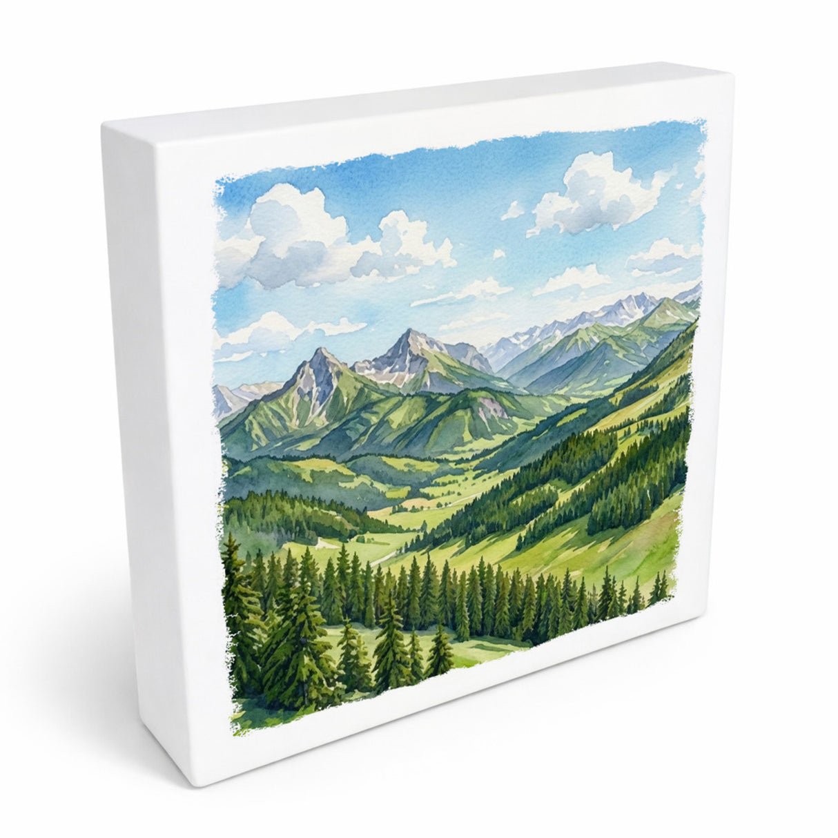 Bergidylle Berglandschaft bei Tag Holzbild in 10x10 cm zum Stellen oder Aufhängen