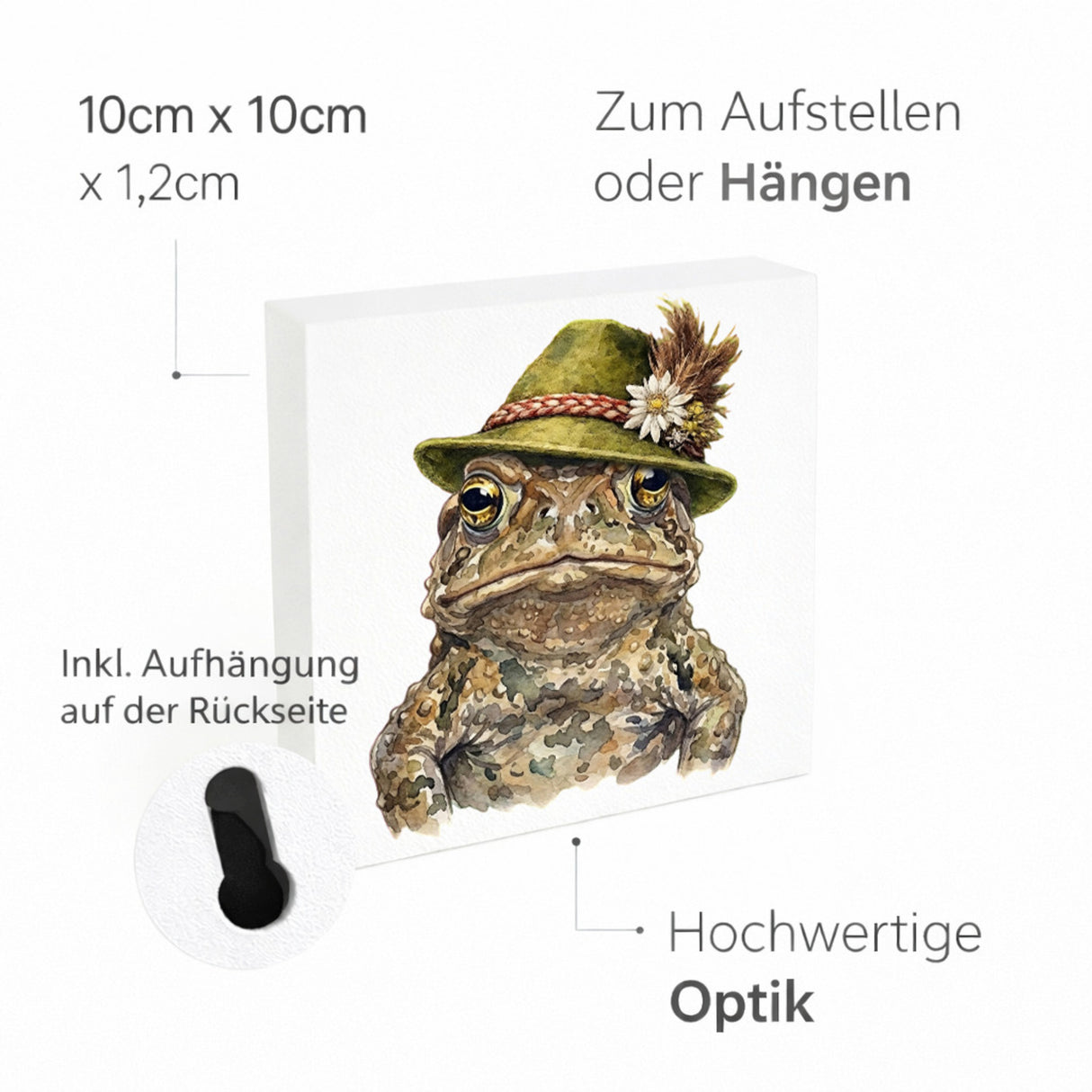 Trachtenhut Amphibien-Tiere Erdkröte Holzbild in 10x10 cm zum Stellen oder Aufhängen