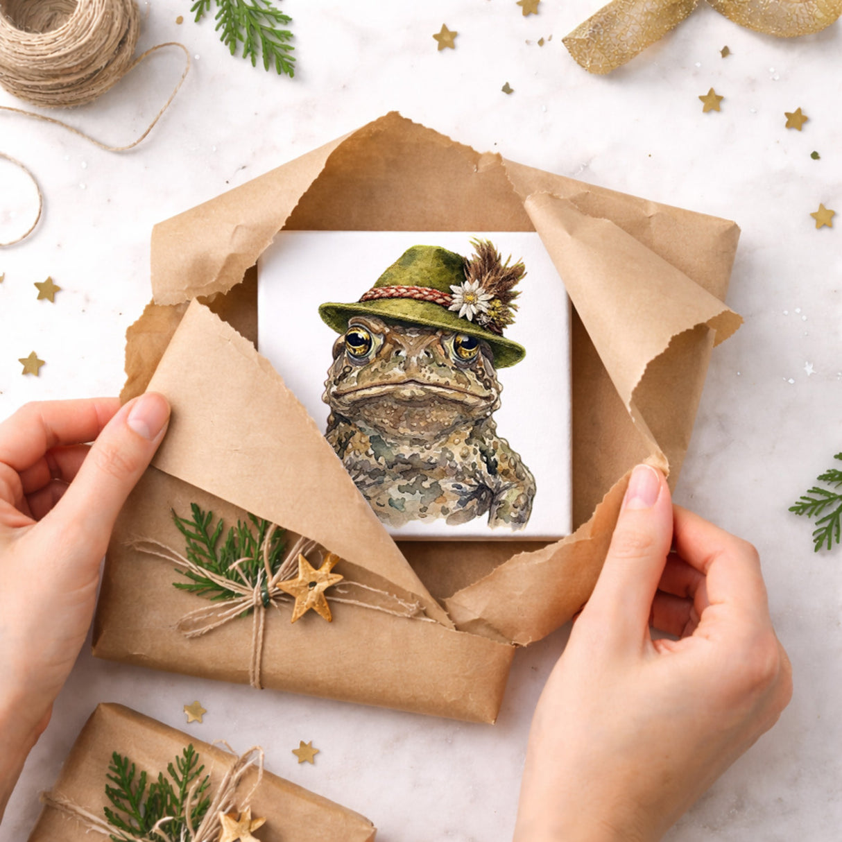 Trachtenhut Amphibien-Tiere Erdkröte Holzbild in 10x10 cm zum Stellen oder Aufhängen