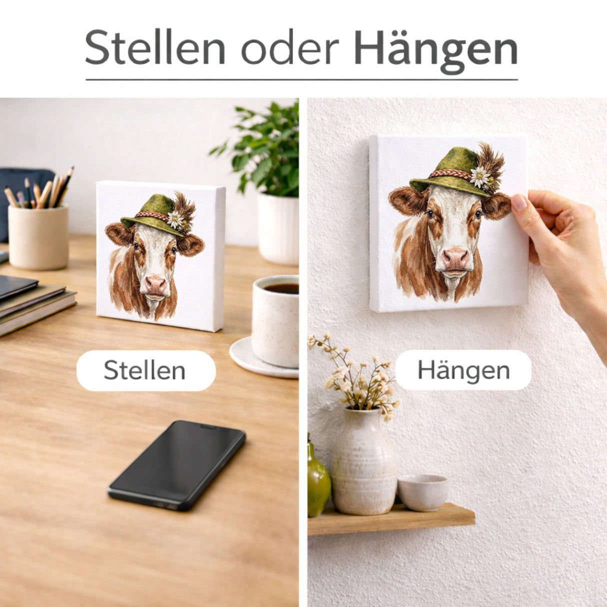 Trachtenhut Alm-Tiere Kuh Holzbild in 10x10 cm zum Stellen oder Aufhängen