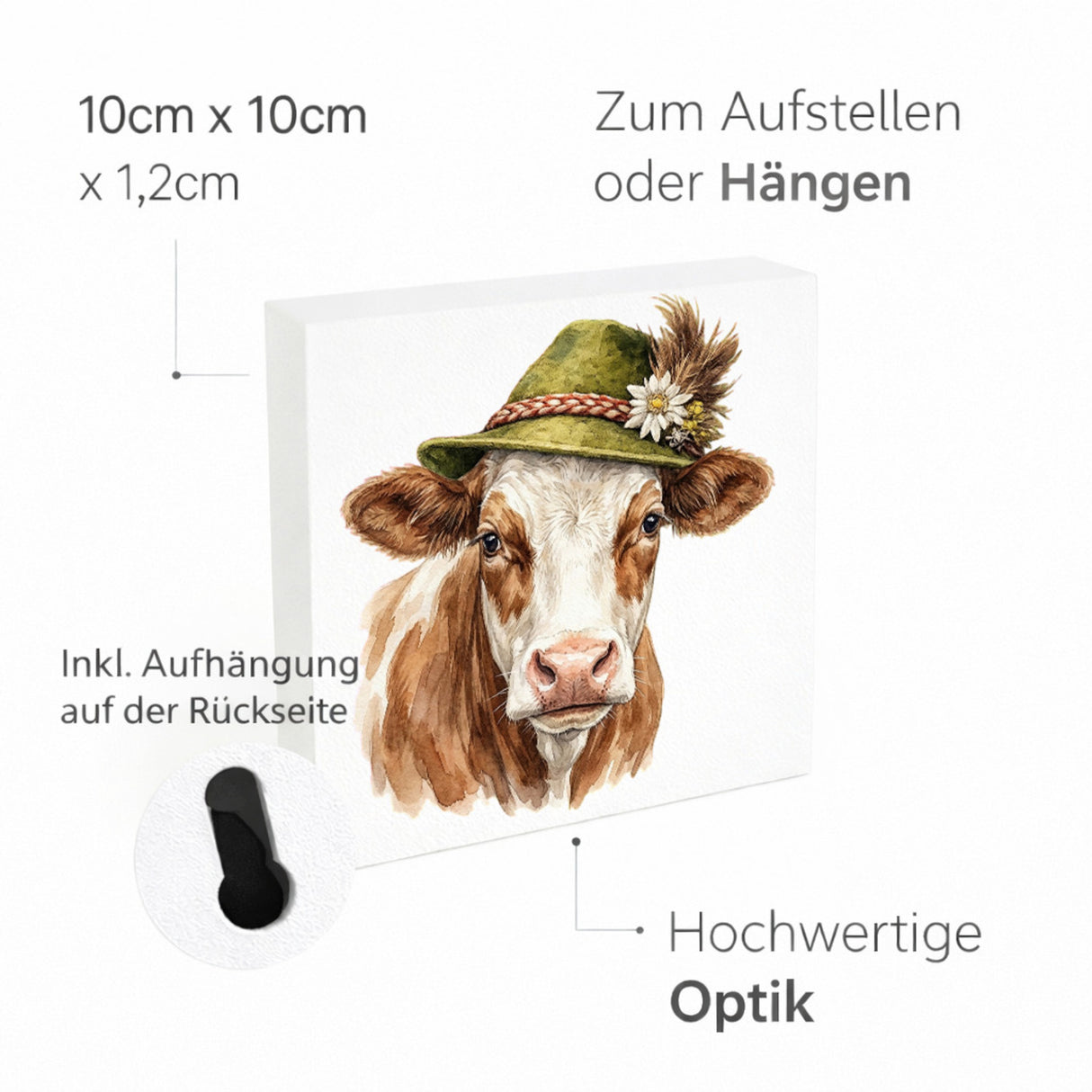 Trachtenhut Alm-Tiere Kuh Holzbild in 10x10 cm zum Stellen oder Aufhängen