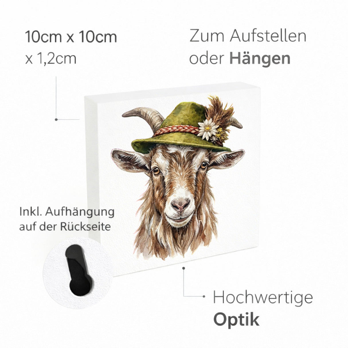 Trachtenhut Alm-Tiere Ziegen Holzbild in 10x10 cm zum Stellen oder Aufhängen