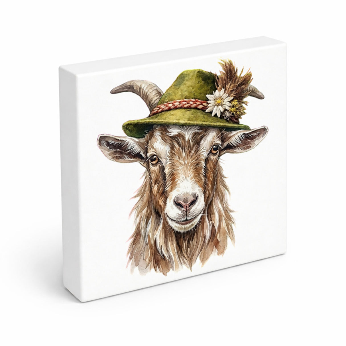 Trachtenhut Alm-Tiere Ziegen Holzbild in 10x10 cm zum Stellen oder Aufhängen