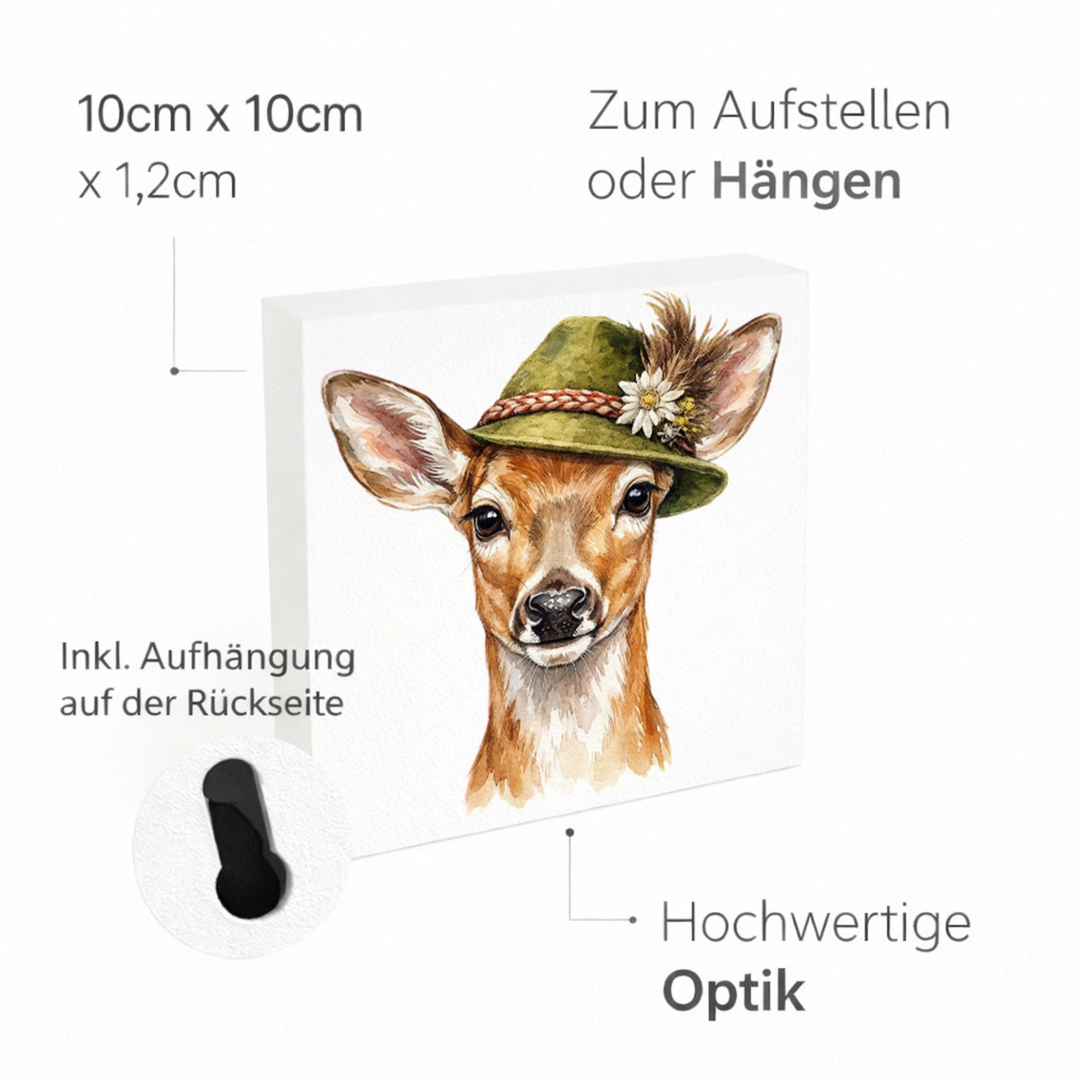Trachtenhut Wald-Tiere Reh Holzbild in 10x10 cm zum Stellen oder Aufhängen