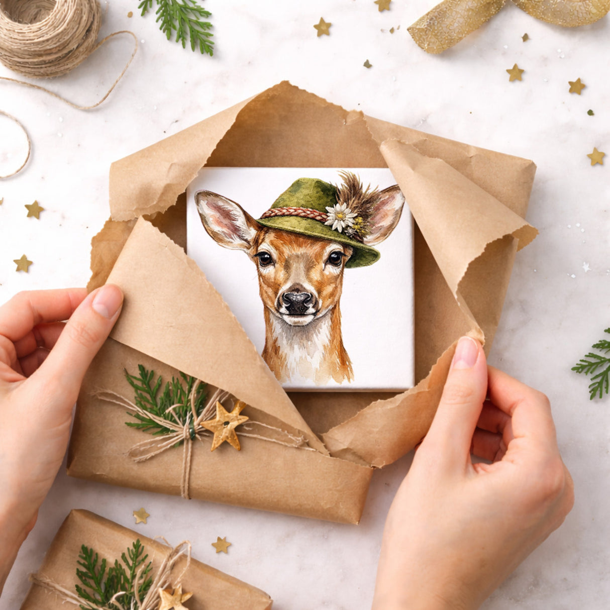 Trachtenhut Wald-Tiere Reh Holzbild in 10x10 cm zum Stellen oder Aufhängen