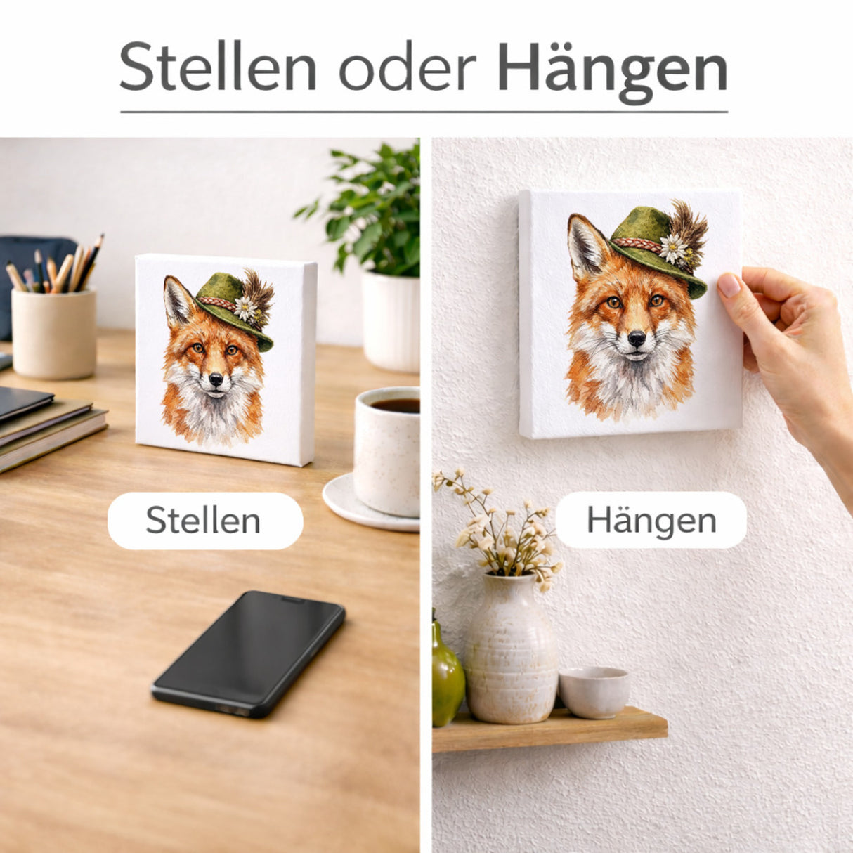 Trachtenhut Wald-Tiere Fuchs Holzbild in 10x10 cm zum Stellen oder Aufhängen