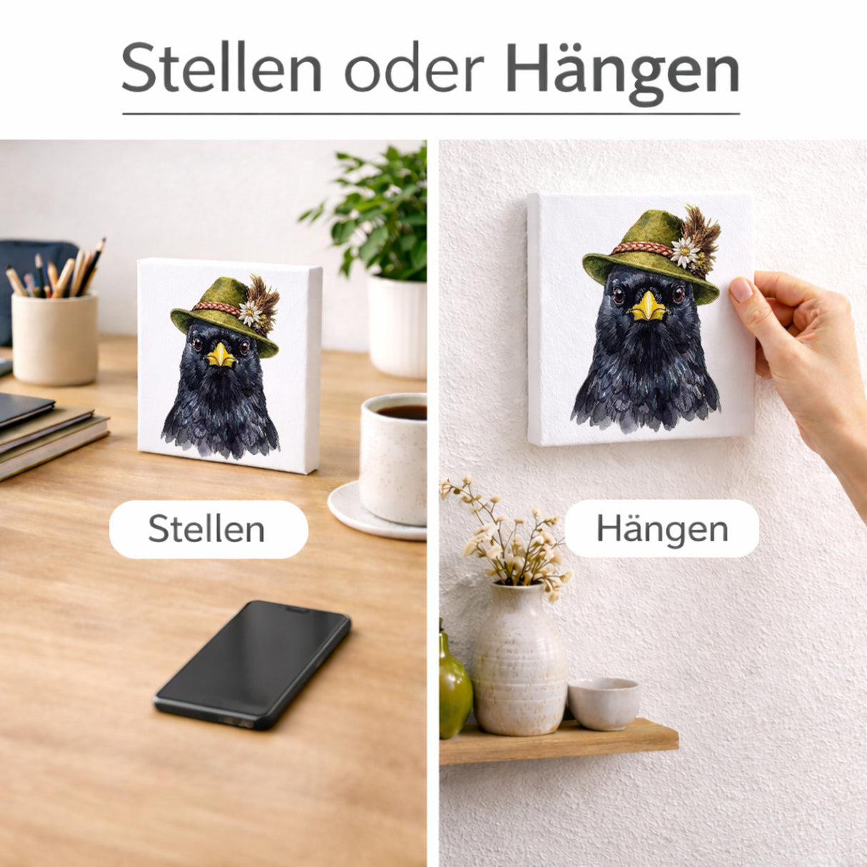 Trachtenhut Feder-Tiere Alpendohle Holzbild in 10x10 cm zum Stellen oder Aufhängen