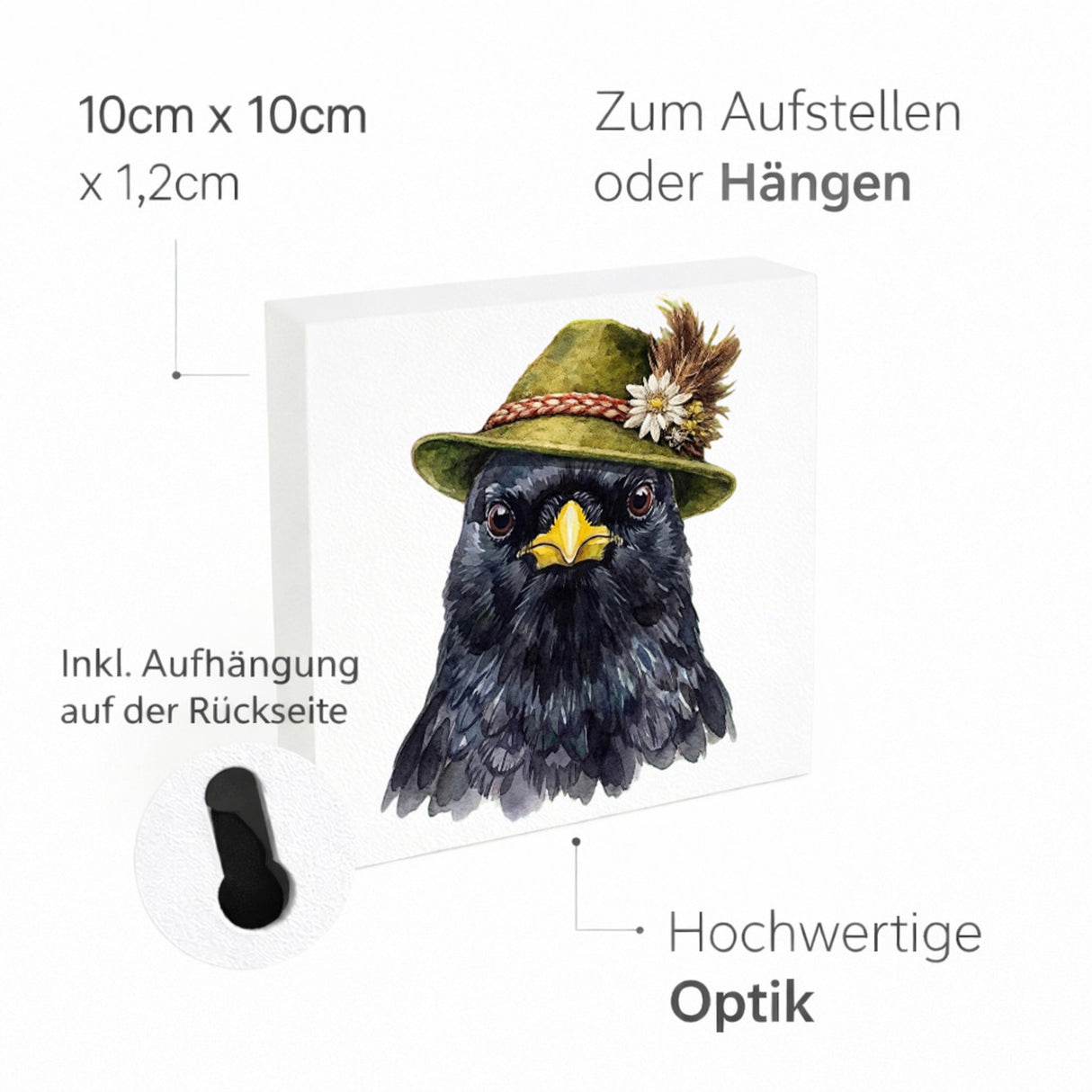 Trachtenhut Feder-Tiere Alpendohle Holzbild in 10x10 cm zum Stellen oder Aufhängen