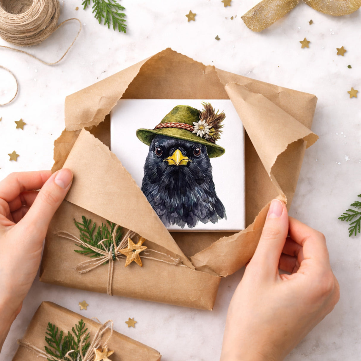 Trachtenhut Feder-Tiere Alpendohle Holzbild in 10x10 cm zum Stellen oder Aufhängen