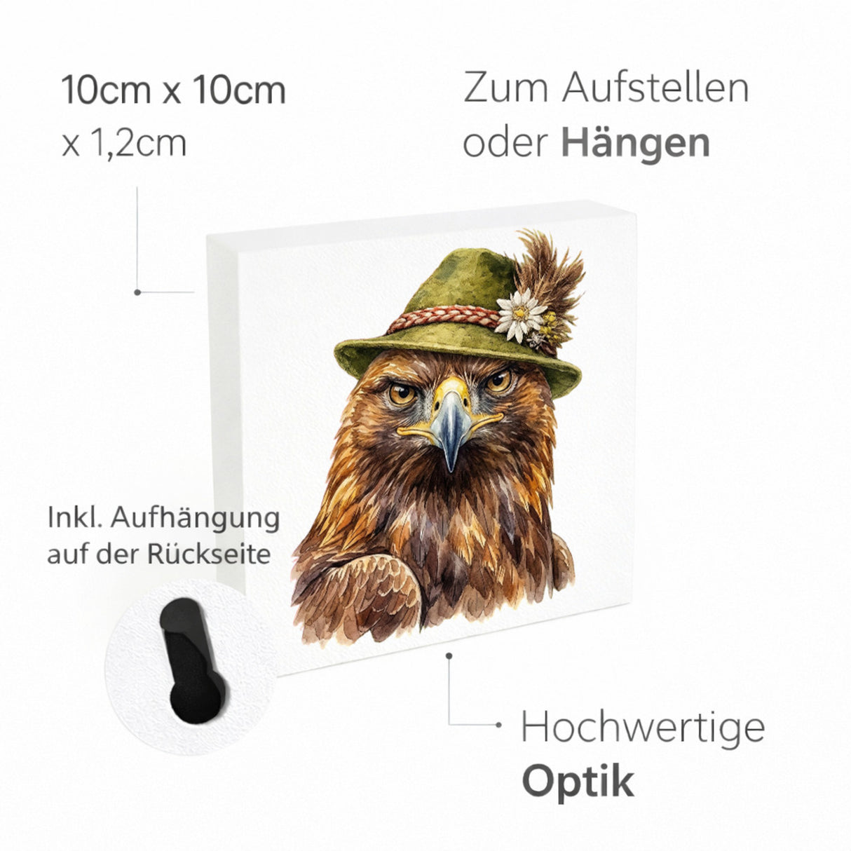 Trachtenhut Feder-Tiere Steinadler Holzbild in 10x10 cm zum Stellen oder Aufhängen