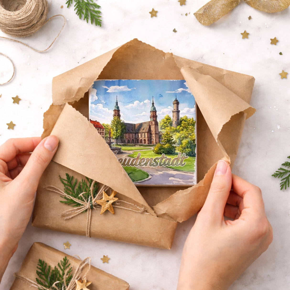 Freudenstadt Kirche Aquarell Holzbild in 10x10 cm zum Stellen oder Aufhängen für Kunstliebhaber