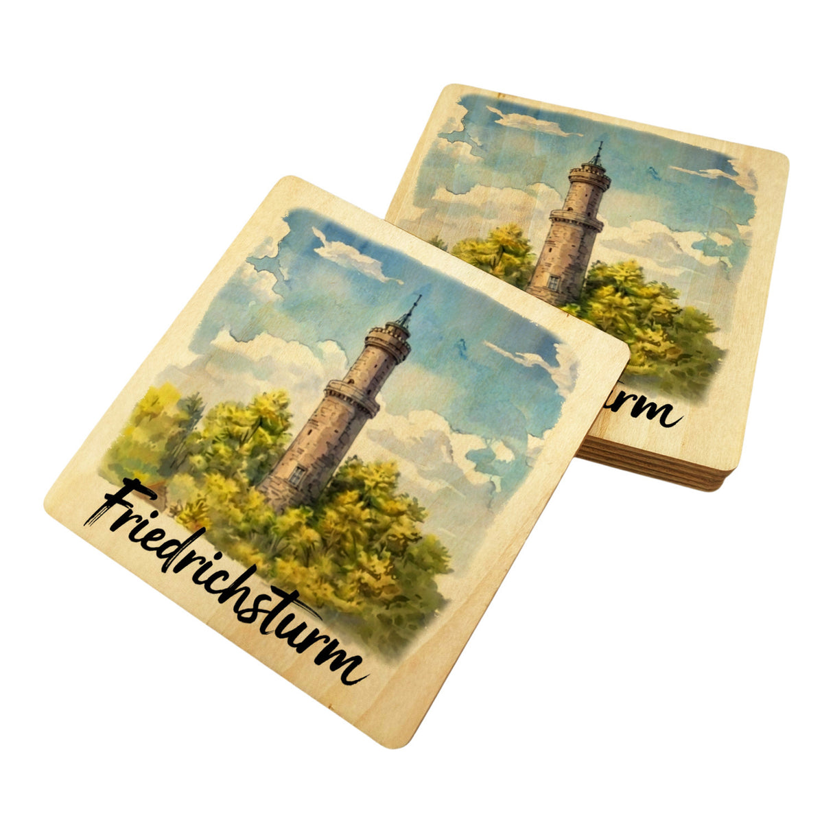 Friedrichsturm Freudenstadt Aquarell 6er Set Untersetzer aus Holz