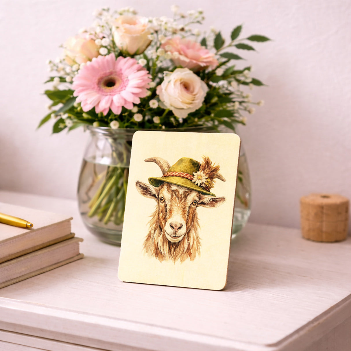 Ziege mit alpenländischem Trachtenhut Postkarte aus Holz