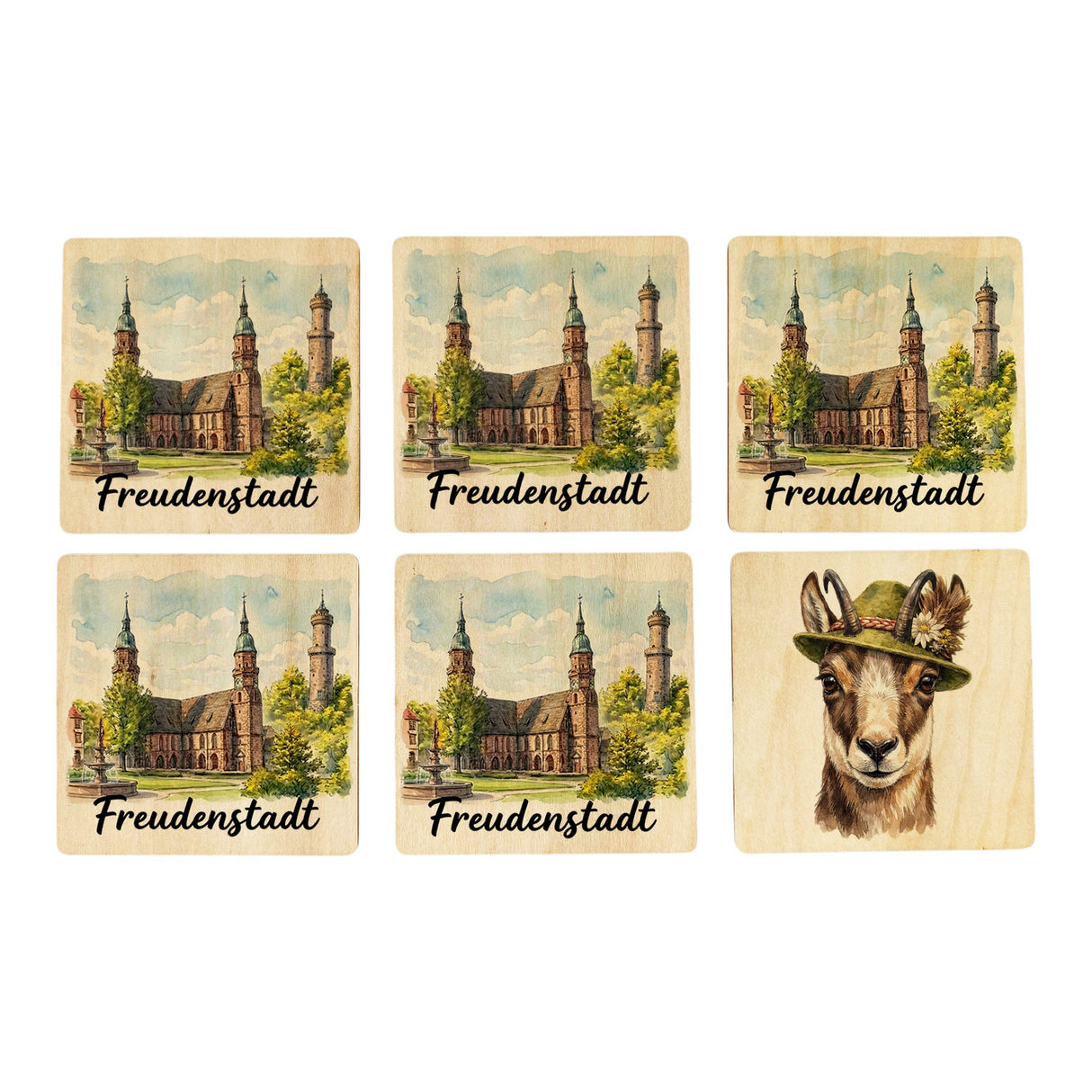 Freudenstadt Kirche 6er Set Untersetzer aus Holz Aquarell mit Schriftzug