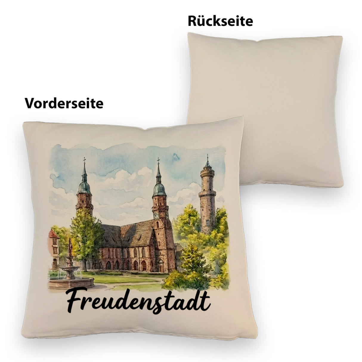 Freudenstadt Kirche Kissen Aquarell mit Schriftzug