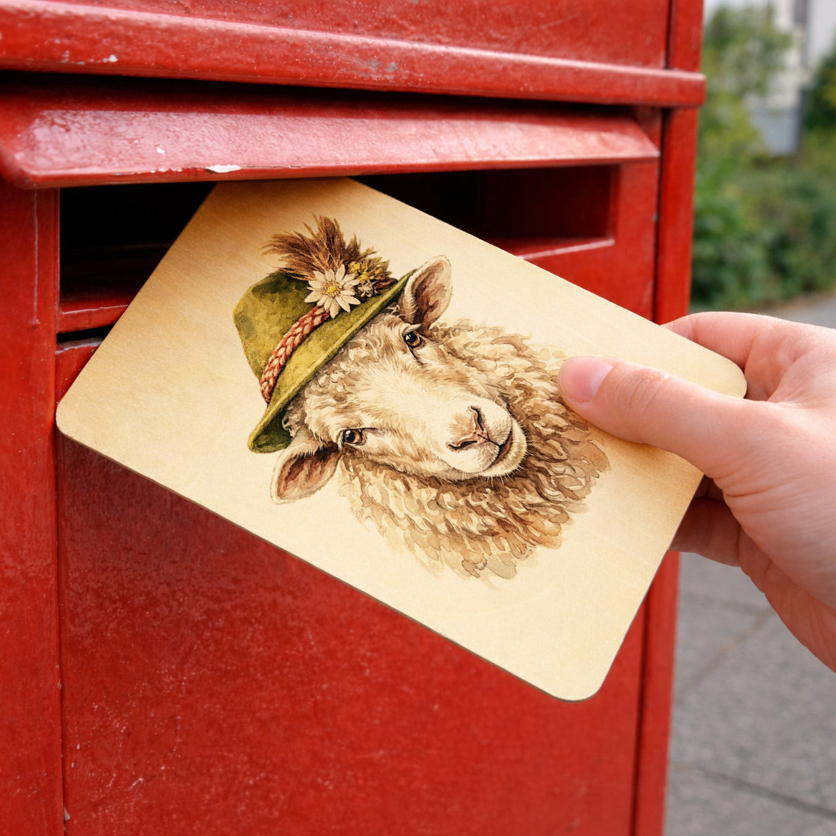 Schaf mit alpenländischem Trachtenhut Postkarte aus Holz