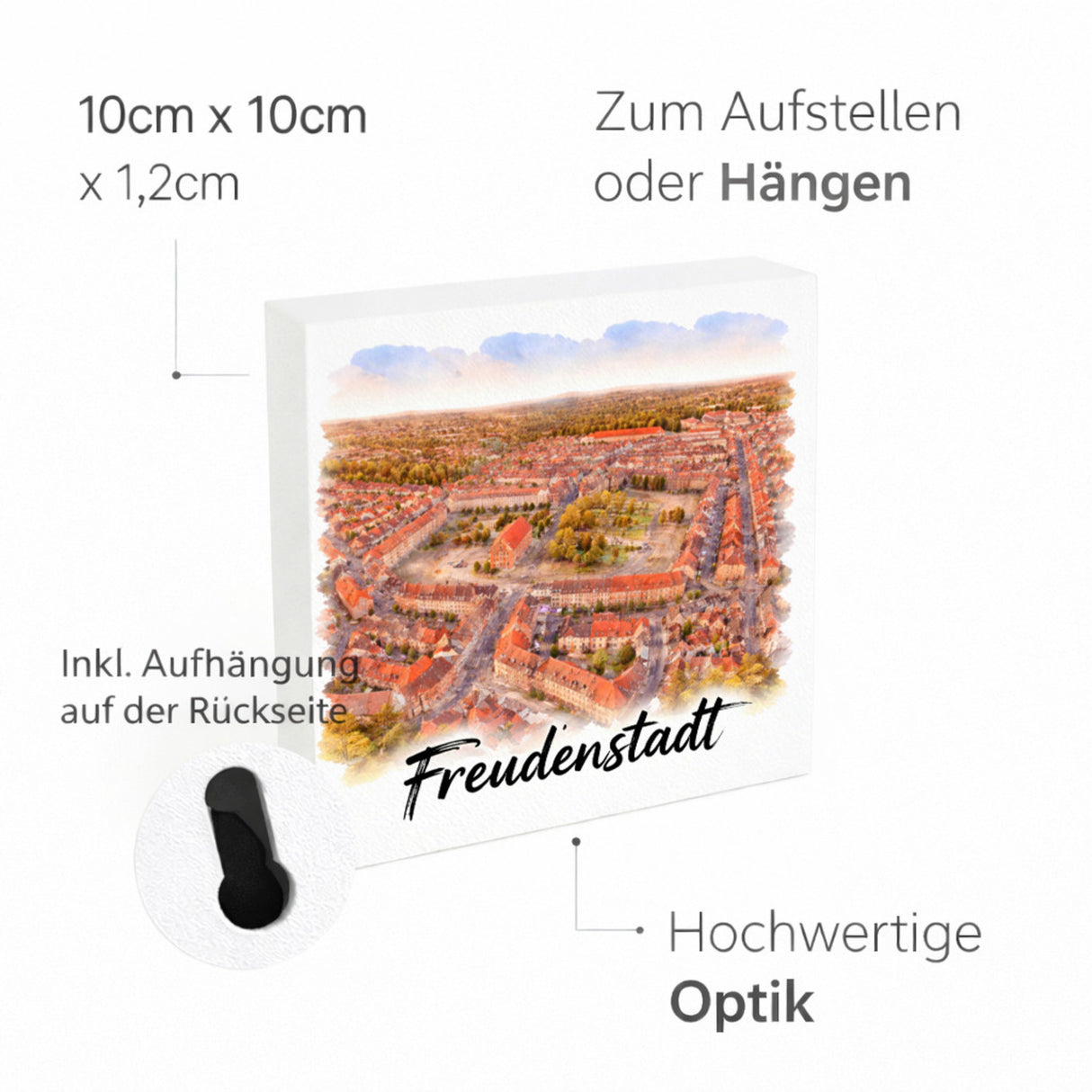 Freudenstadt Holzbild in 10x10 cm zum Stellen oder Aufhängen Luftbild Aquarell