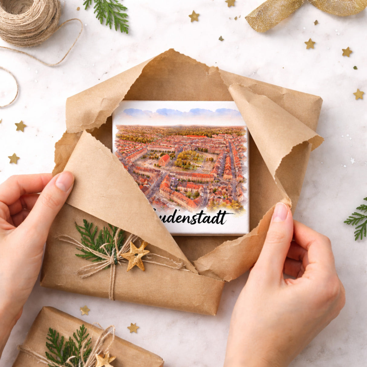 Freudenstadt Holzbild in 10x10 cm zum Stellen oder Aufhängen Luftbild Aquarell