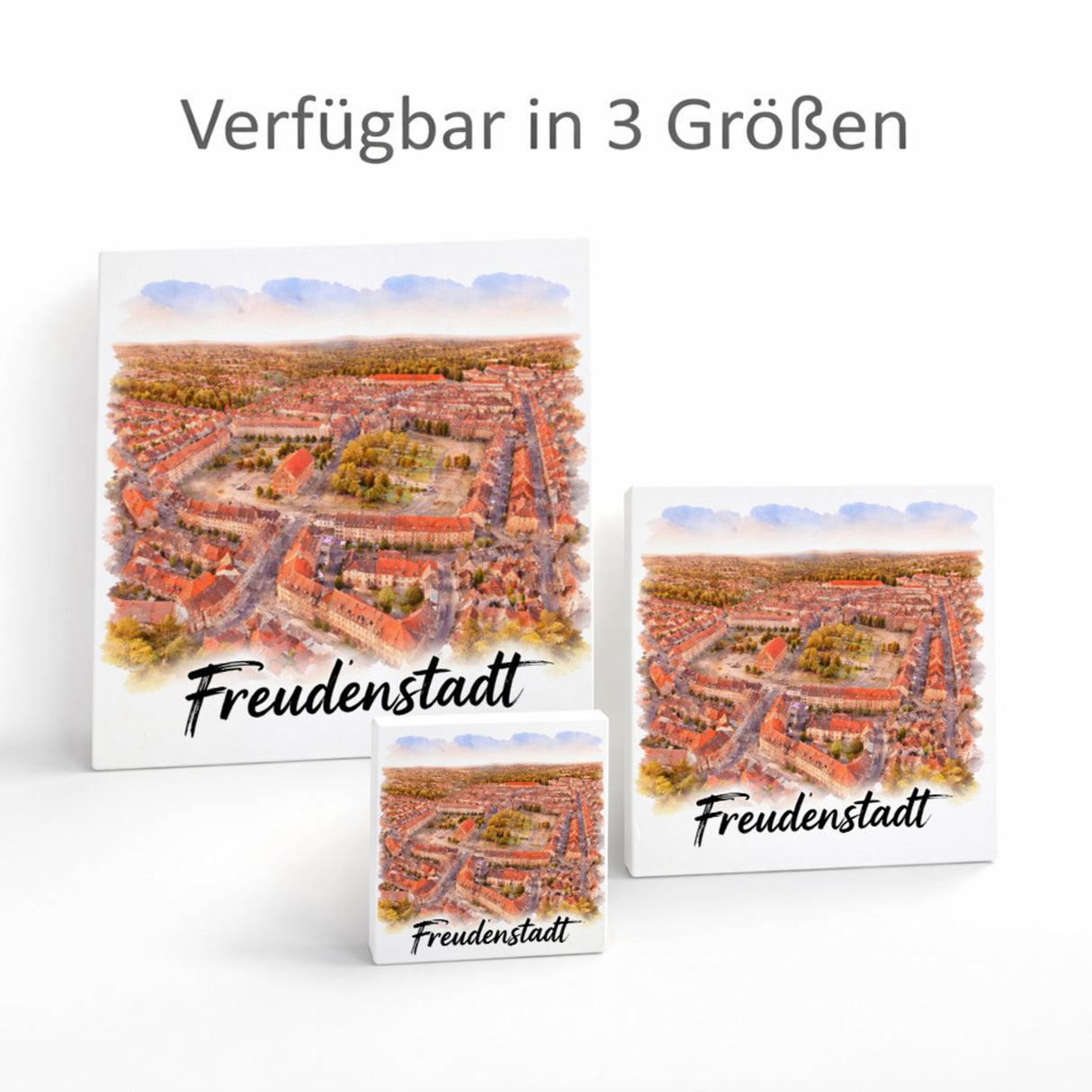 Freudenstadt Holzbild in 10x10 cm zum Stellen oder Aufhängen Luftbild Aquarell
