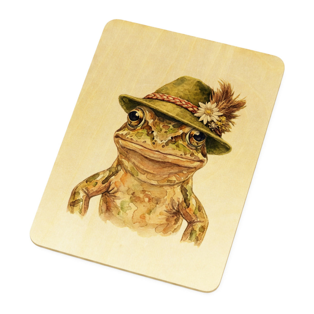 Grasfrosch mit alpenländischem Trachtenhut Postkarte aus Holz