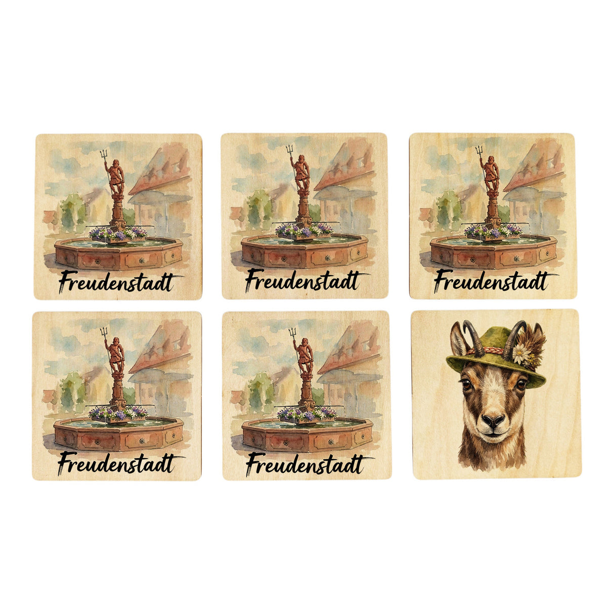 Brunnen Freudenstadt 6er Set Untersetzer aus Holz mit Aquarellmotiv
