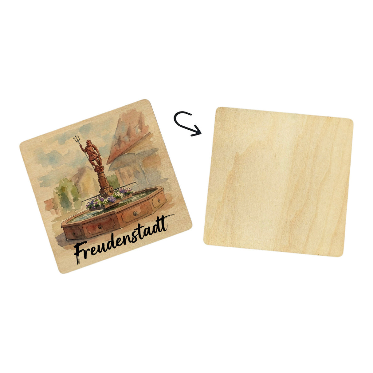 Brunnen Freudenstadt 6er Set Untersetzer aus Holz mit Aquarellmotiv