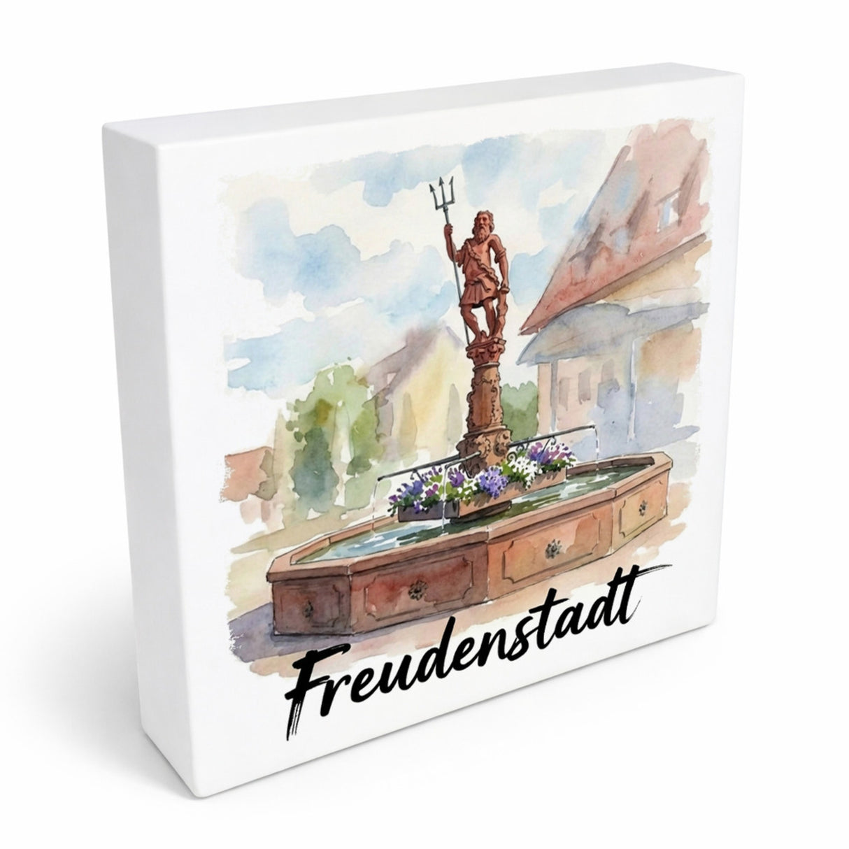 Brunnen Freudenstadt Holzbild in 10x10 cm zum Stellen oder Aufhängen mit Aquarellmotiv